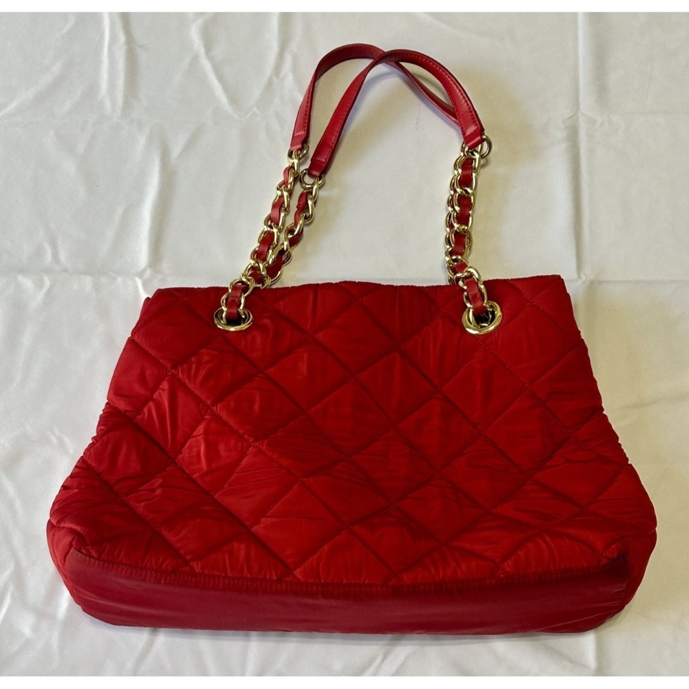 Talbots‎ Quilted Red Nylon/Leather Tote – Gold Chain Handles – Large Tote Purse